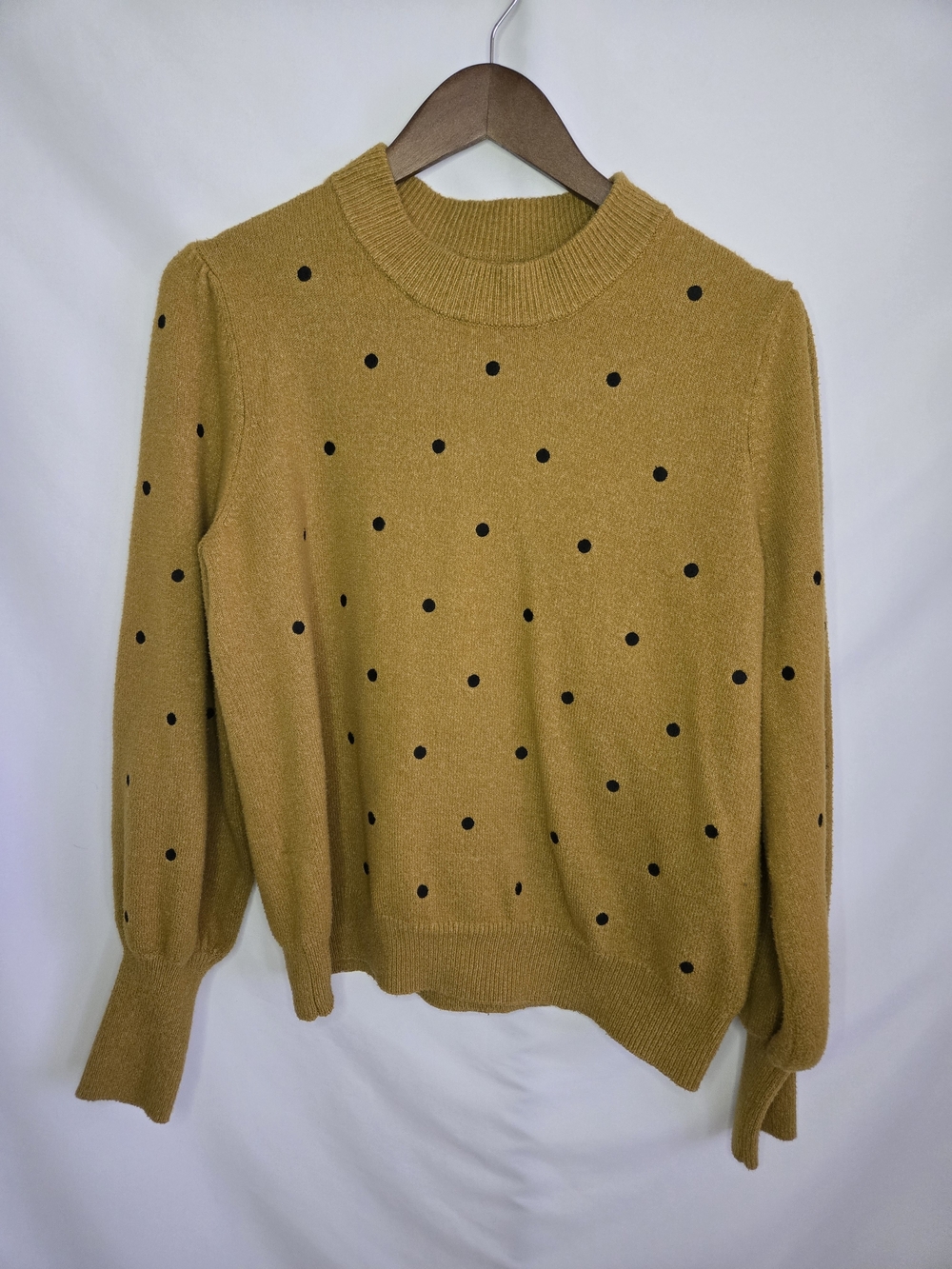 Who What Wear Mustard Crewneck Sweater with Black Polka Dots Large